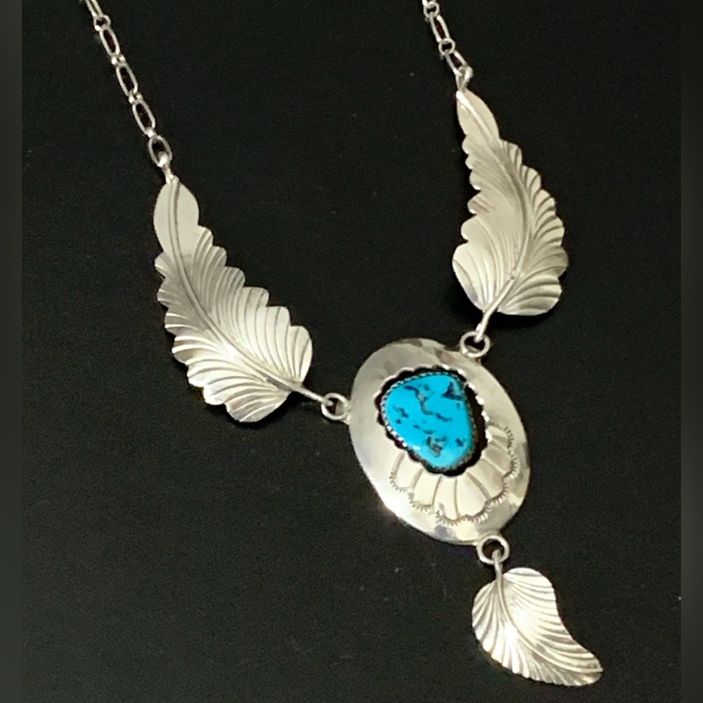 RARE -Vintage Arnold Malony Navajo Sterling Silver 925 Feather Panel Turquoise D